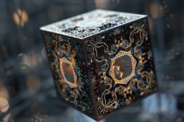 A floating holographic cube with rotating internal shapes, creating a kaleidoscope effect.