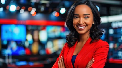 Obraz premium A confident news anchor in a vibrant red blazer smiles warmly during a live broadcast in a modern studio filled with dynamic screens and lighting
