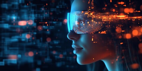 A school pupil wearing a VR headset interacting with AI-powered smart technology and machine learning in a library. The scene depicts interactive digital learning in a classroom environment, featuring