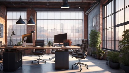 Sleek and Modern: Industrial Loft Office Design Render - 3D Perspective