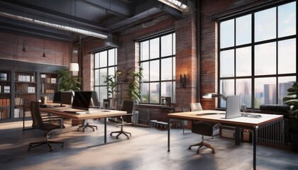 Fototapeta premium Sleek and Modern: Industrial Loft Office Design Render - 3D Perspective