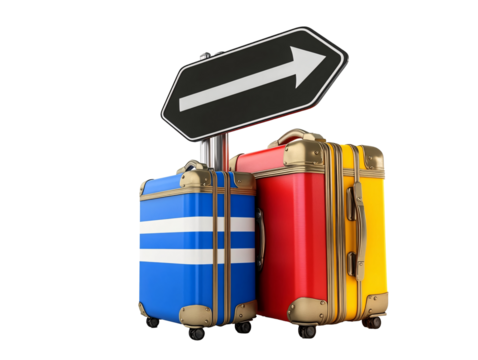 a couple of suitcases with a sign