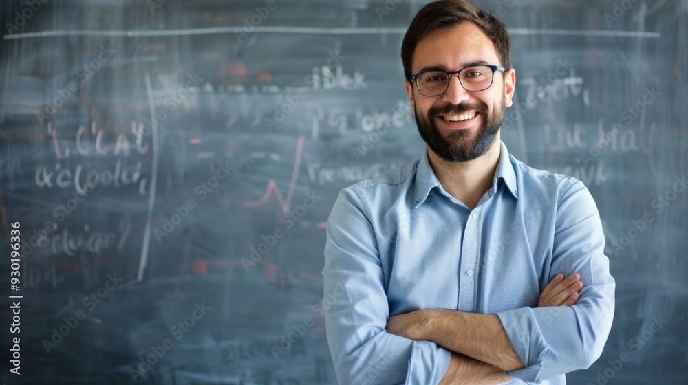 Poster A smiling lecturer poses with arms crossed in front of a chalkboard filled with notes and equations