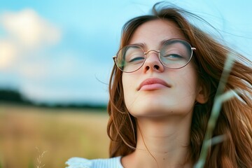 Young woman enjoying a serene moment in a golden field under a blue sky during the golden hour