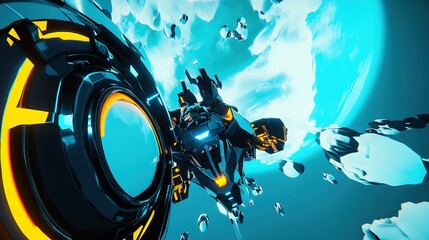 Obraz premium Spaceship navigating through an asteroid field near a vivid blue planet in a futuristic setting
