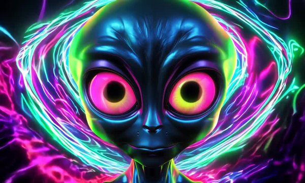 cute alien glowing in neon colors animation