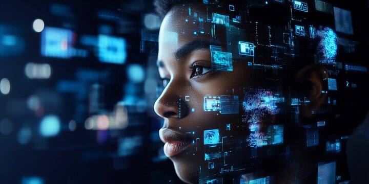 An ultra-realistic, editorial photo of a female cybersecurity analyst examining AI cyberspace threats on a computer screen in a dark, digital tech office or data center. The scene features blue lighti