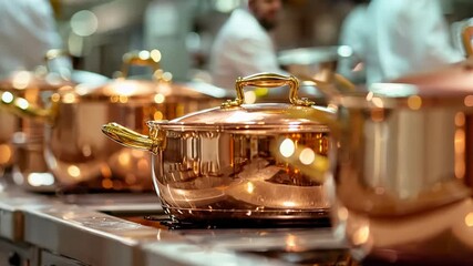 Shiny copper pots on modern stovetops in a professional kitchen setting. Concepts of culinary arts, cooking, and professional kitchens.