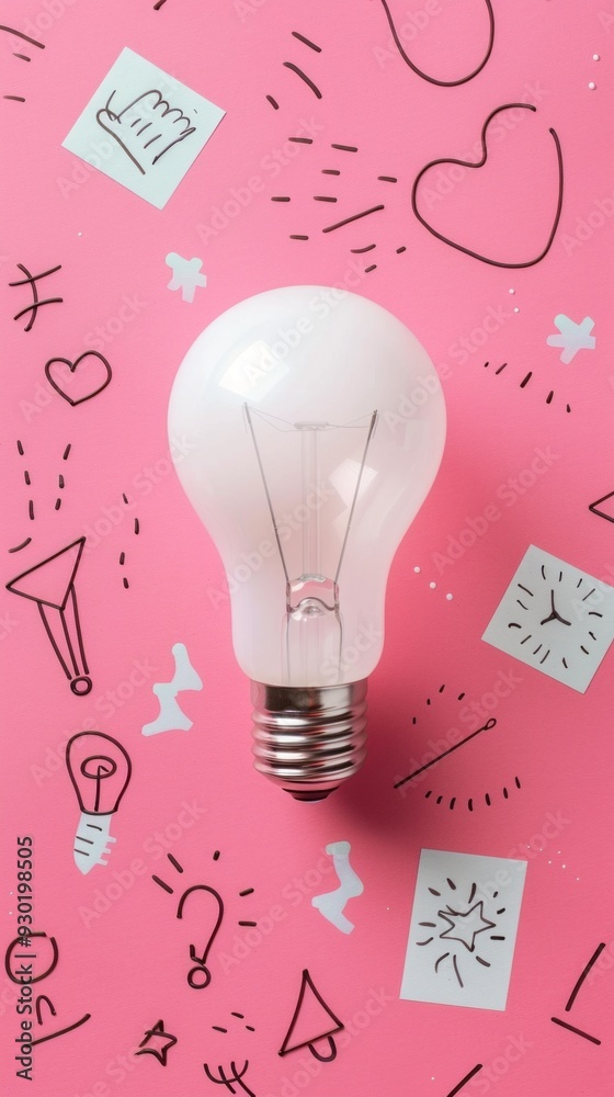 Poster a white light bulb sits on a pink backdrop decorated with whimsical doodles and sketches, creating a