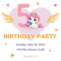 Birthday party invitation template with cute unicorn with golden horn and wings. Vector illustration in flat cartoon style