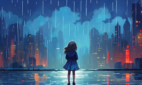 lonely little girl stand in rain on cityscape animation