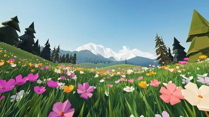 Fototapeta premium Colorful wildflower meadow with snow-capped mountains and clear blue sky in the daytime