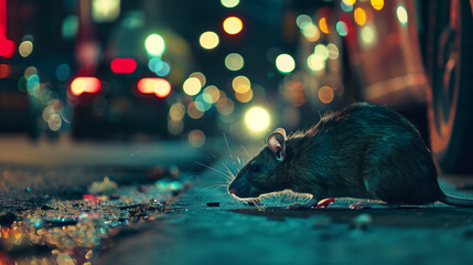 Close up view of big rat on street at night, problem of slum urban environment.