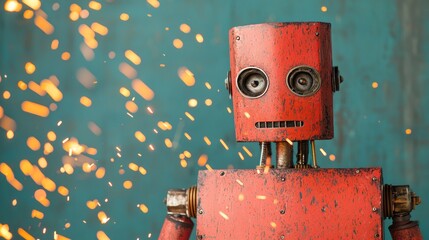 Robotic Frankenstein is monster, assembled from various machine parts, sparks flying, Halloween lab setting, steampunk horror.