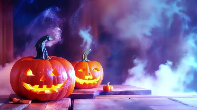 Glowing Halloween pumpkins with carved faces surrounded by eerie smoke in dark spooky atmosphere autumn holiday celebration night scene creepy decor haunting Jack-O-Lanterns seasonal mood