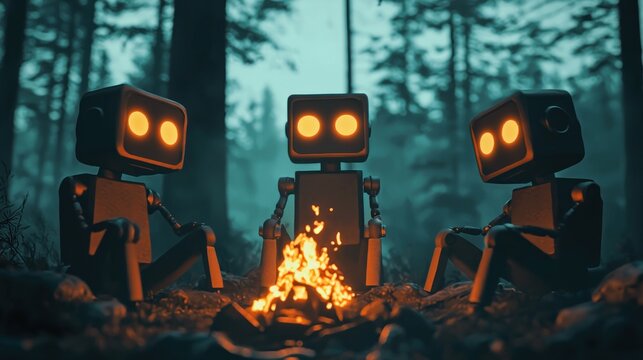A group of robot friends around a futuristic campfire, telling ghost stories, glowing holograms of spooky scenes, Halloween night.