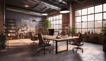 "Sleek and Contemporary: 3D Render of a Loft-Style Industrial Office"