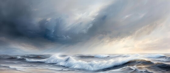 Obraz premium A large body of water, centrally positioned beneath a cloud-filled sky, hosts a solitary boat