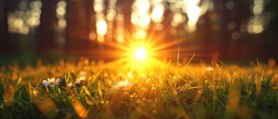  The sun brightly shines through trees over a field of grass and daisies