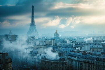 Obraz premium A stunning view of the Eiffel Tower surrounded by Parisian architecture under a vibrant blue sky with fluffy clouds in autumn