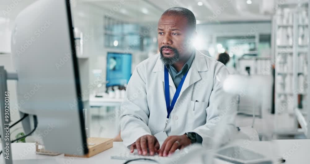 Poster black man, doctor and typing on computer in lab for medical research, experiment report and results 