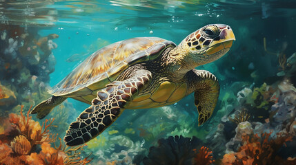 turtle swimming in the sea,generate AI