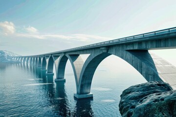 Fototapeta premium A serene drive across a stunning coastal bridge at twilight, reflecting soft hues on calm waters and showcasing serene natural beauty