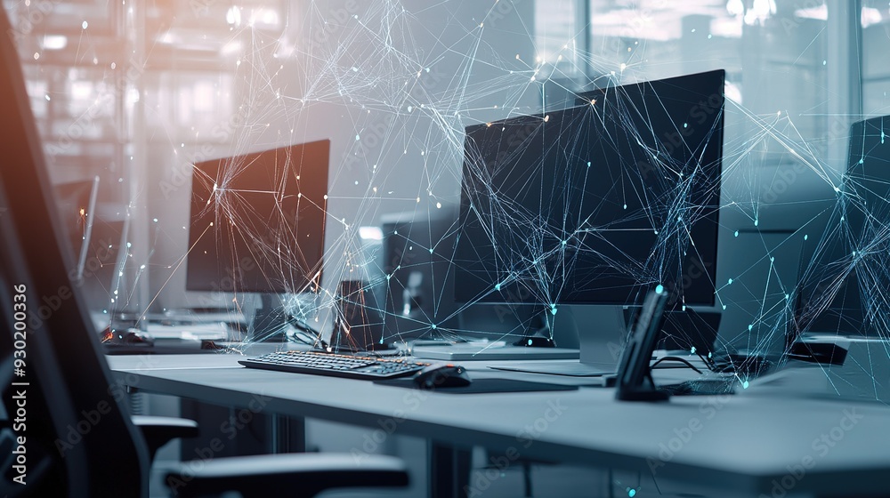 Poster modern office workspace featuring multiple computers and digital network connections during daytime