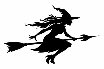 witch flying on a broomstick silhouette on white background