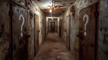 A dim, narrow hallway with crumbling plaster walls, multiple rusted metal doors with barely visible question marks, flickering overhead lights casting eerie shadows, post-apocalyptic realism style,
