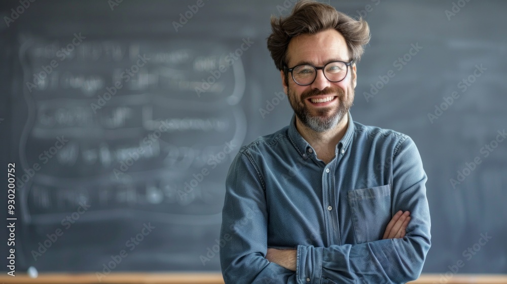 Poster A lecturer stands confidently with a smile in front of a chalkboard, ready to inspire learners in an educational environment