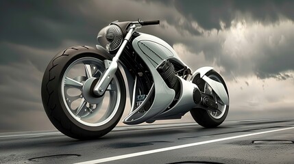 Futuristic motorcycle on a wet road with stormy sky.