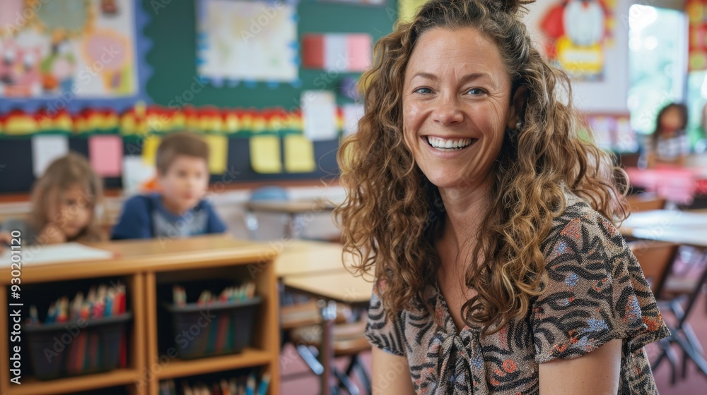 Aufkleber a joyful teacher engages with students, encouraging a fun and interactive learning environment in a 