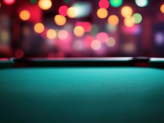 Vintage Billiards at a Casino Night, Soft Focus Pool Table with Bokeh Effect, High Resolution Realistic Green Felt and Blurred Lights.