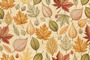 Obraz premium Seamless autumn leaves pattern, perfect for textiles and decoration. Autumn seamless pattern with fall leaves, plants, and branches. Seasonal colors. Perfect for wallpaper, gift paper, textiles, and g
