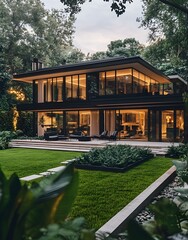 Obraz premium Modern House with Large Windows Surrounded by Greenery