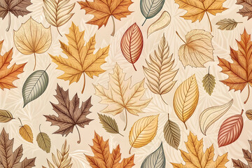 Obraz premium Seamless autumn leaves pattern, perfect for textiles and decoration. Autumn seamless pattern with fall leaves, plants, and branches. Seasonal colors. Perfect for wallpaper, gift paper, textiles, and g