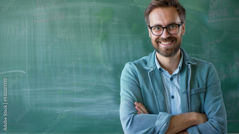 Poster a confident lecturer stands in front of a chalkboard, smiling warmly while preparing to engage stude