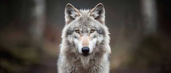  A tight shot of a wolf's head, surrounded by trees in the backdrop, and a hazy scene in the foreground