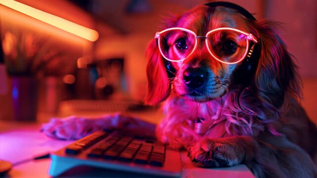 Gamer Dog: A cute dog with neon pink glasses and headphones sits in front of a keyboard, ready to dominate the game.  The neon light from the monitor gives the dog a cool and futuristic look.  This im