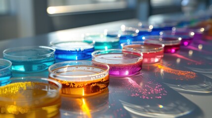 Petri dishes showcasing diverse microbial cultures (close up, experimental results, realistic, Silhouette, Sterile lab environment)