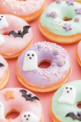 set of pastel themed Halloween donuts, decorated in soft pinks, lavender, and mint green. Each donut is topped with cute ghost faces