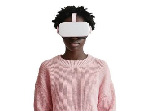 a woman wearing a pink sweater and a pink vr headset
