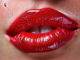 Obraz premium Bold red lips and radiant freckles captured in a close-up aesthetic portrait showcasing vibrant beauty