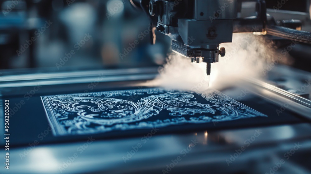 Poster a laser machine engraves a detailed pattern on a piece of fabric, with steam visible as the process 