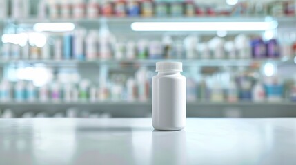 A solitary white pill bottle on a countertop amidst a blurred pharmacy backdrop, symbolizing health and wellness in a bustling atmosphere