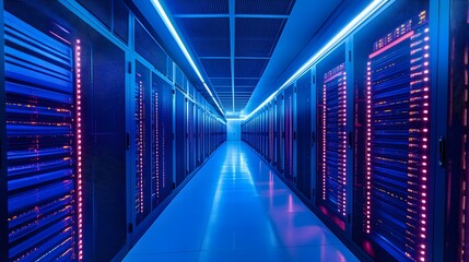 Overworking in data centers, long aisles of servers, neatly bundled cables, dim overhead lights, modern tech style, clean and organized, persistent low hum, high-intensity focus