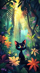 A black cat with big blue eyes sits in a jungle setting with vibrant flowers and a waterfall in the background.