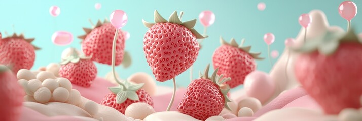 Fototapeta premium Enchanting Surreal Landscape with Giant Strawberries on Licorice Vines and Jellybean Mountains in Background,Generative AI