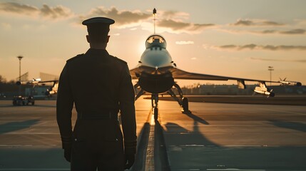 proud pilot stands next to a sleek aircraft on the runway, celebrating after a successful flight